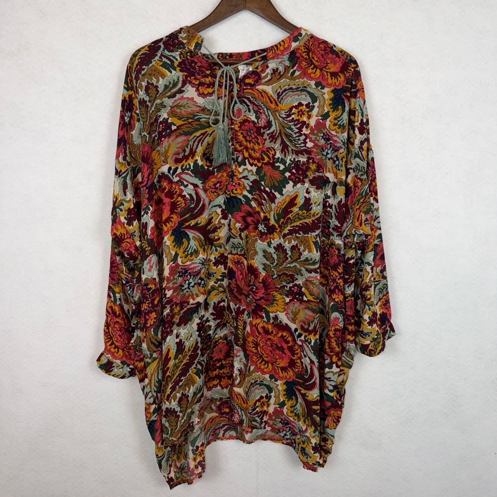 Esley Floral Paisley Tunic Women M Multicolor Tassel Boho Peasant Blouse